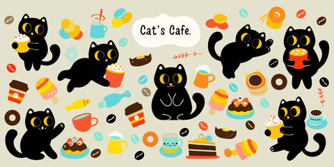 Black Cats And Coffee Cups A Colorful Vector Illustration © Prosanta