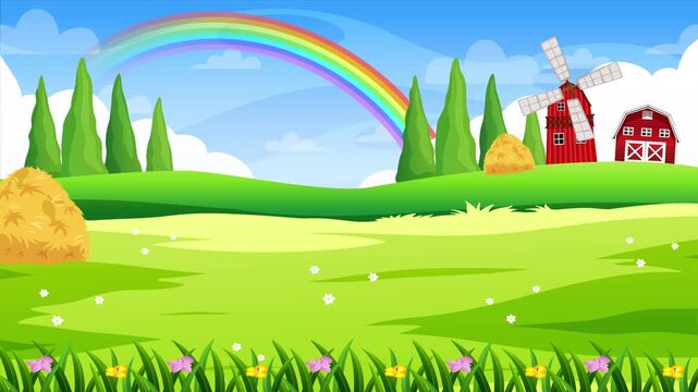 Cartoon Farm Landscape with Rainbow 4k looped