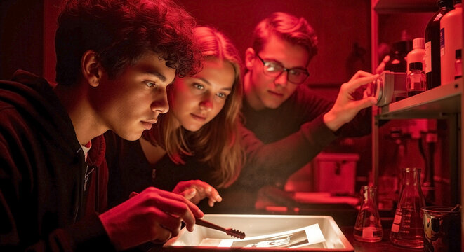 Teenagers working in photography darkroom, intently observing developing prints. Young students explore analog photography darkroom processes, handling chemicals, film equipment.