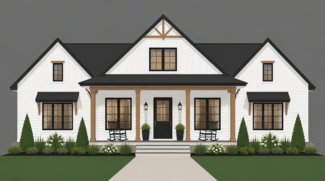 Wide angle flat design graphic of a modern farmhouse illustration featuring crisp architectural lines, professional cgi rendering, and clean aesthetic elements for residential design projects.