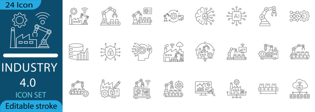 Industry 4.0 vector line icon set featuring smart factory automation, robotic arms, AI, industrial IoT, cyber security, and data analytics. Editable stroke.