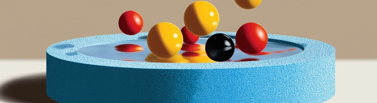 Abstract 3D composition with colorful spheres and blue textured ring. Red yellow and black balls floating over liquid surface. Modern geometric art
