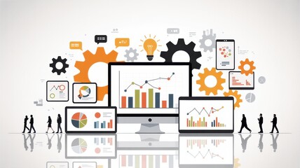 Fototapeta premium Business team analyzing growth charts on digital tablet with data icons