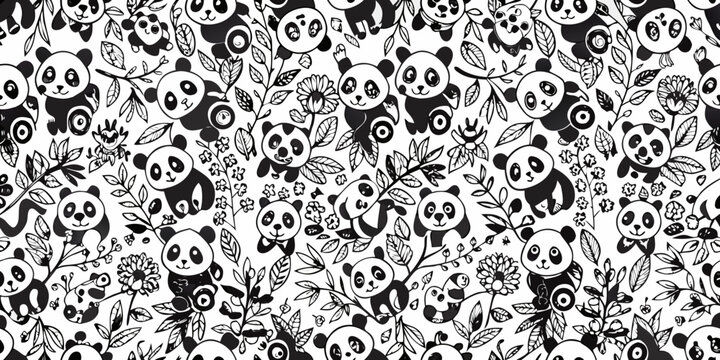 Panda And Floral Ornament Seamless Vector Pattern On White Background