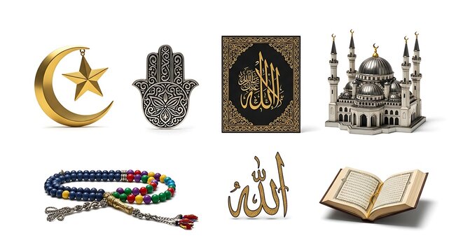 Islamic religious symbols collection crescent moon hamsa quran and mosque