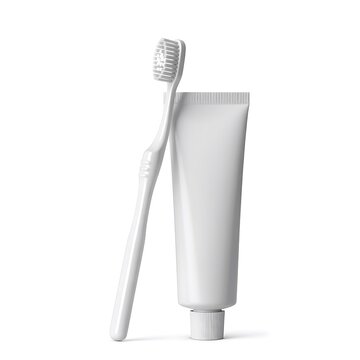Blank white toothbrush and toothpaste tube isolated on white background