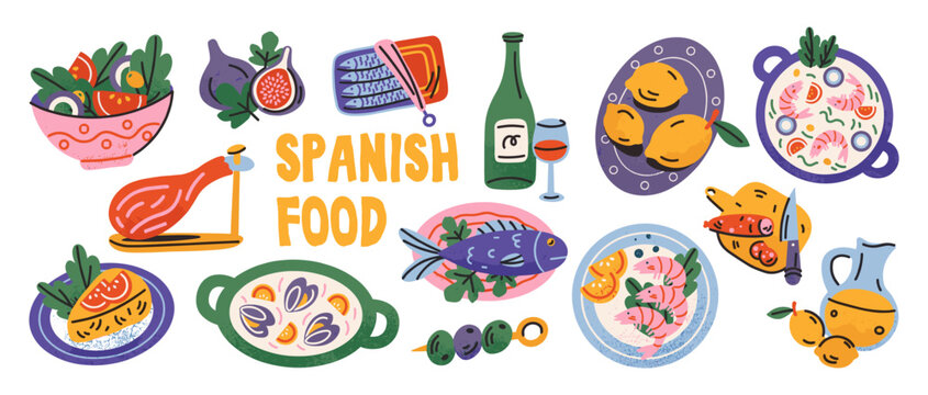 Spanish food illustrations with ham seafood fruits wine iberian ham main course traditional illustration gastronomy delicious appetizer vegetable beverage restaurant authentic mediterranea