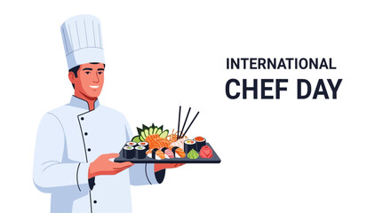 A professional chef in a white uniform holding a tray of sushi. © Puput_Kinasih