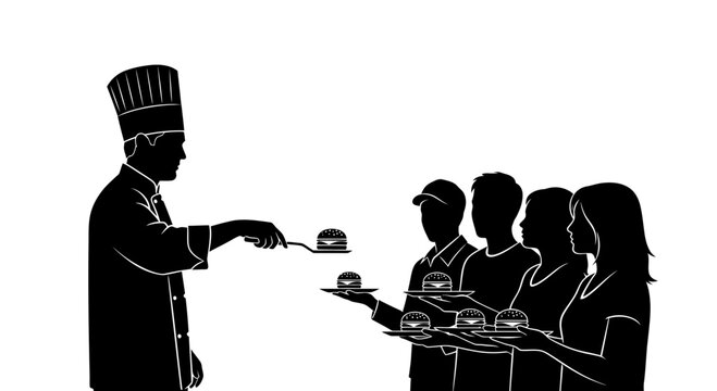 A chef serving small cakes to a group of people in a silhouette illustration.
