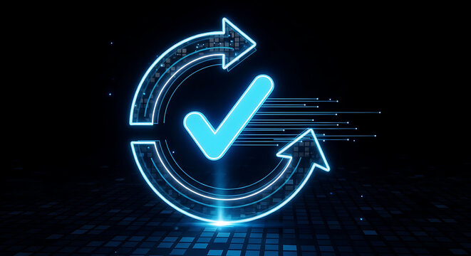 Modern glowing checkmark inside circular arrows icon on dark background