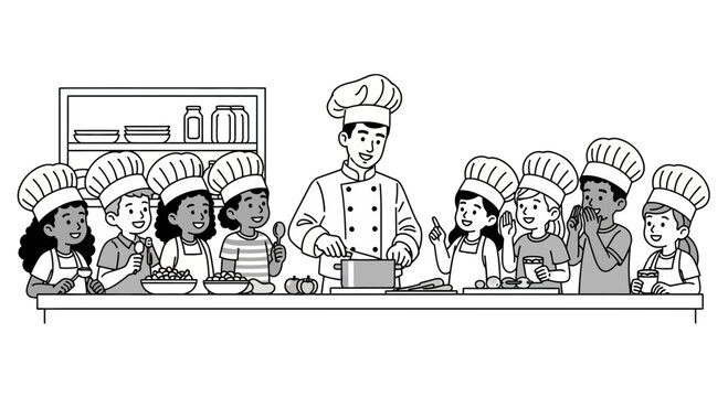 A professional chef teaching a diverse group of children how to cook in a kitchen.