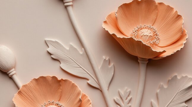 Close up of bas relief poppy flowers and leaves in desaturated peach and cream tones. Delicate floral texture and minimalist design create elegant decor for spring or greeting cards.