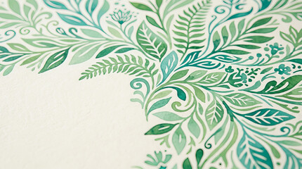 Fototapeta premium Close up of green and teal floral pattern on white background, featuring stylized leaves and vines in decorative art style.
