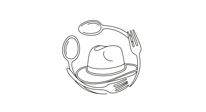 A minimalist line art illustration featuring a fedora hat surrounded by cutlery.