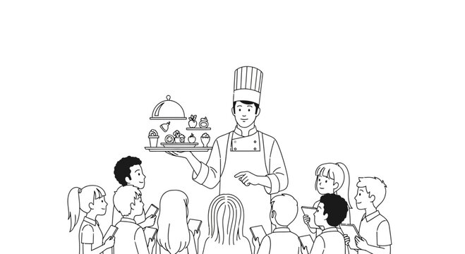 A chef teaching a group of children in a cooking class.