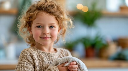 Fototapeta premium A lovely young girl with curly hair smiles warmly while holding a soft towel, capturing a moment of warmth and innocence in a beautifully styled kitchen environment.