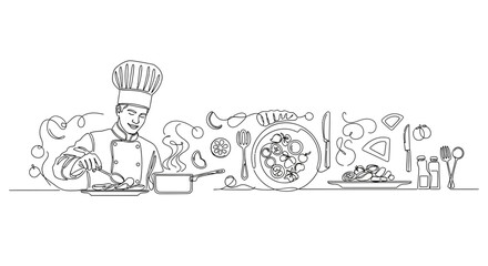A line art illustration of a professional chef cooking in a kitchen. © Puput_Kinasih
