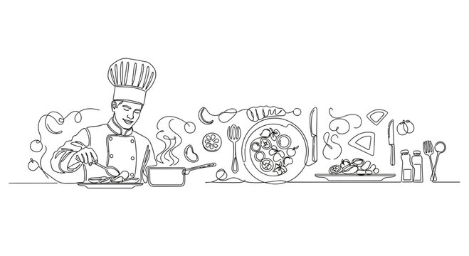 A line art illustration of a professional chef cooking in a kitchen.
