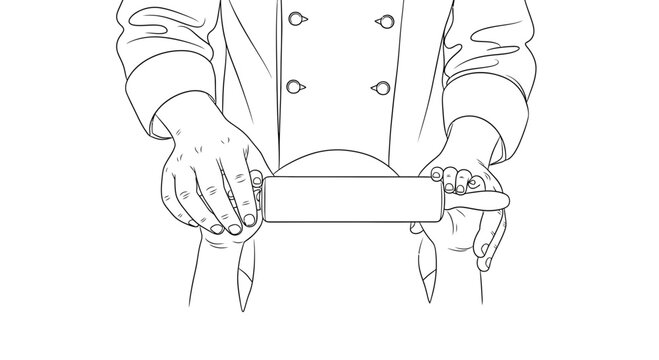 A professional chef using a wooden rolling pin to flatten dough in a kitchen.