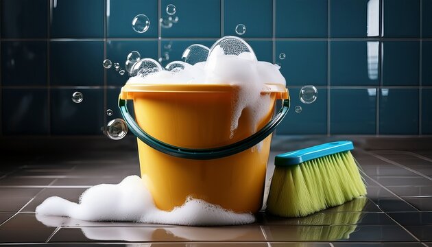 a bright cleaning bucket filled with thick white foam and soapy water bubbles overflowing gently over the rim sponge and cleaning brush resting on the edge clean tiled floor