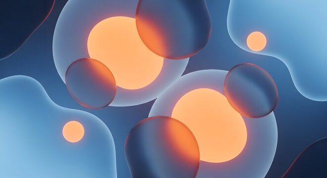 Abstract fluid orbs and glowing light spheres. Digital connectivity and technology design. Translucent blue bubbles with soft glowing orange centers layered in a modern background composition