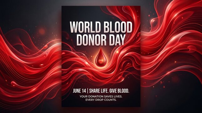 World Blood Donor Day poster, red blood drop illustration, healthcare awareness campaign, donation theme