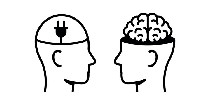 Black and white of two human heads with one having an electrical plug in the brain and the other with a visible brain