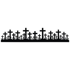Obraz premium Many cemetery crosses silhouette vector illustration line art cemetery tombstone border.