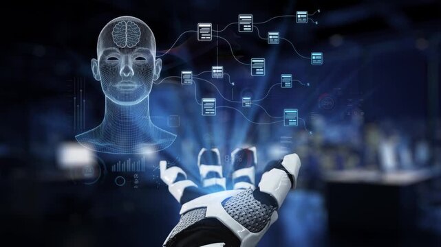 This futuristic image depicts a robotic hand interacting with a digital brain interface, showcasing advanced technology and the potential of human-computer interaction. Synapse