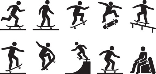 Skateboarding Pose Silhouette Icon Sheet. © Murad