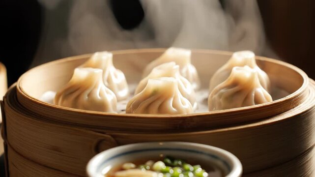 Close up of gourmet steamed dumplings in a bamboo steamer basket with hot steam rising, showing pleated dough texture and a small bowl of dipping sauce with green onions.