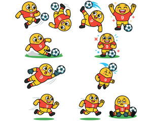 Naklejka premium Cartoon soccer player characters in various poses with balls