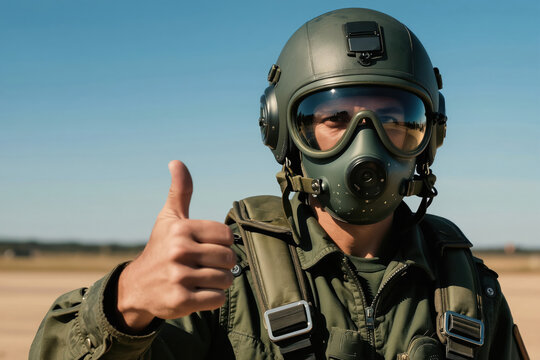 Military pilot in uniform and mask gives thumbs up sign. He wears helmet and goggles. Aviator stands outdoors against clear blue sky. Successful mission.