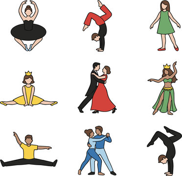 Set of colorful dancing characters icons featuring ballet dancers, ballroom dancing couples, and people performing acrobatics and gymnastics