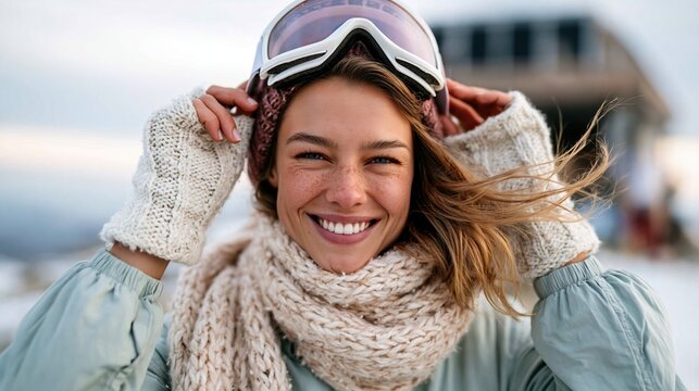 A cheerful young woman wearing skiing gear and goggles, exuding excitement and enthusiasm amidst a stunning snowy backdrop, showcasing the joy of winter adventures.