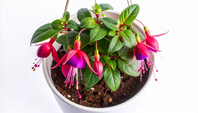 Vibrant Fuchsia Plant with Drooping Pink and Purple Flowers in a White Pot