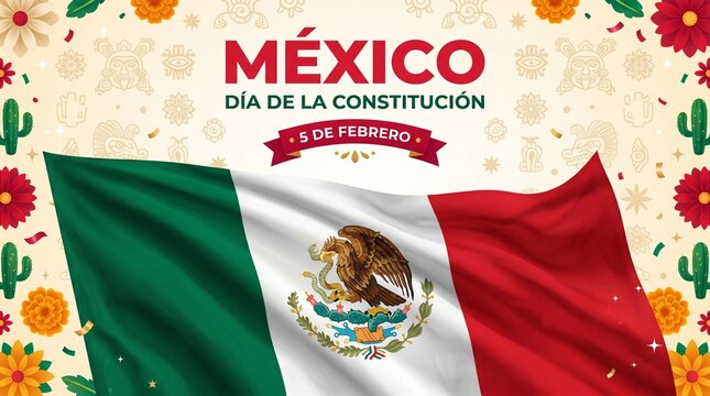 Mexican flag waves with colorful floral decorations for constitution day national holiday republic