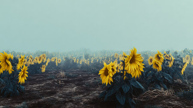 Dramatic landscape of bright yellow sunflowers in a dark moody field covered in thick morning fog