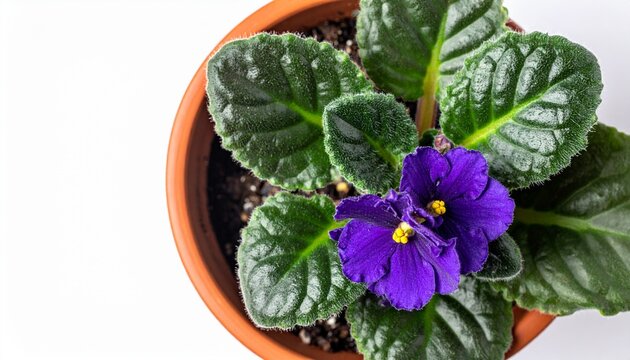 Close-up shot of a beautiful potted African violet plant with vibrant purple flowers
