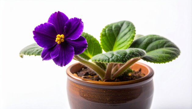 Close-up of a vibrant purple African violet flower blooming in a terracotta pot