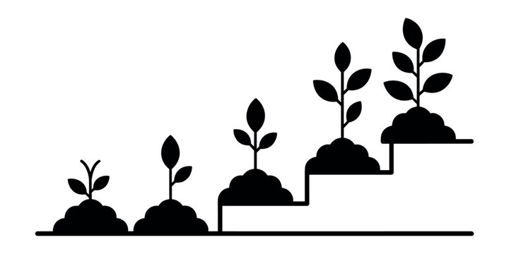 Black silhouette of four plants growing on a staircase growth steps in white background