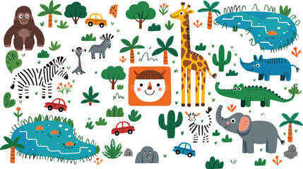 Cute cartoon African safari animals set with giraffe elephant zebra gorilla rhinoceros crocodile palm trees lake isolated on white background vector illustration © MdGohurul