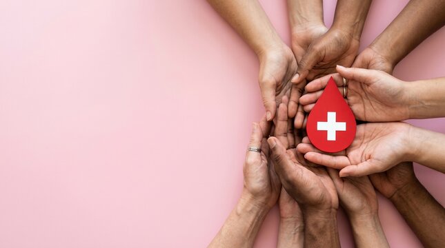 Blood donation concept with diverse hands holding red drop icon, medical charity and healthcare support, community blood drive volunteerism