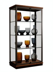 Fototapeta premium Glass display cabinet with wood frame holds various amber and gray glass vases and bowls. Modern furniture piece for home decor and interior design. Item isolated on white studio background.