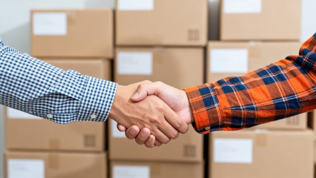 Two people shaking hands in front of stacked boxes
