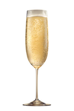 Elegant champagne flute with golden sparkling bubbles on reflective surface in luxury celebration setting