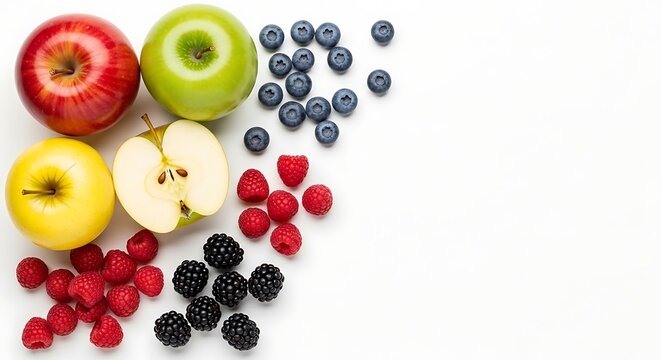 Vibrant assortment of fresh berries and crisp apples arranged in a healthy flat lay fruit composition on white background