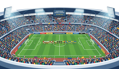 Realistic vector illustration of a professional football stadium with teams at center circle under floodlights and packed stands for championship opening ceremony © MSTNASIMABEGUM