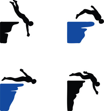 Four silhouettes of people jumping off cliffs into water in different poses and heights  diving and falling into blue sea