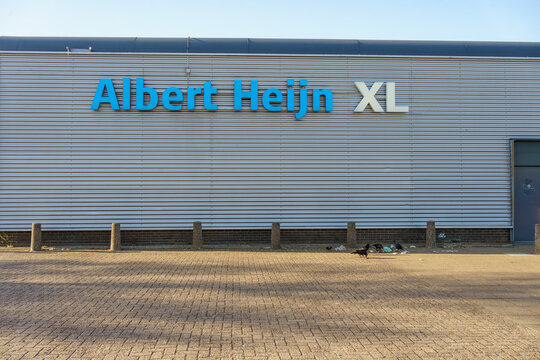 Ede, Gelderland, Netherlands - 24 April 2026: jackdaws and rooks feeding on food scraps in front of the Albert Hejn XL hypermarket